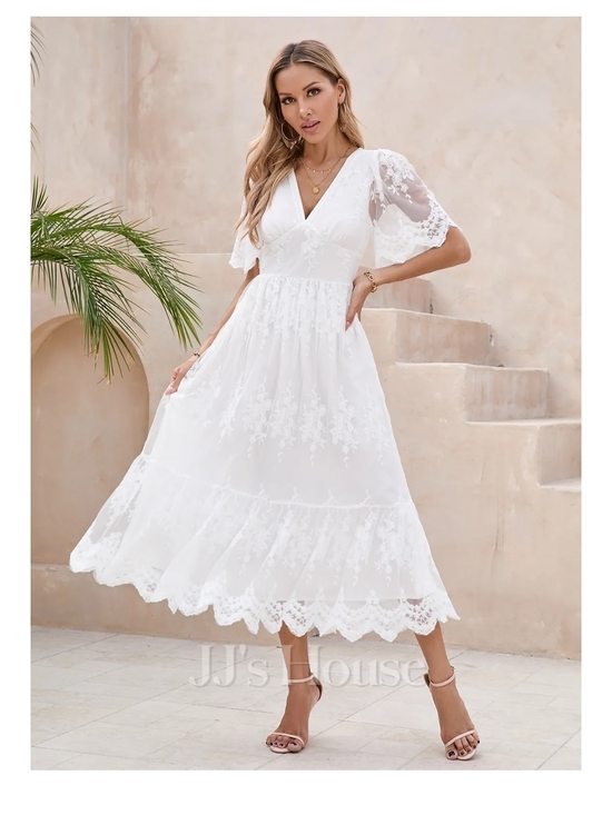 Dresses & Skirts - Elegant White Lace Midi Dress with V-Neck